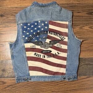 Vintage 90s Harley Davidson Denim Vest M Made in USA Flag Eagle American V-Twin